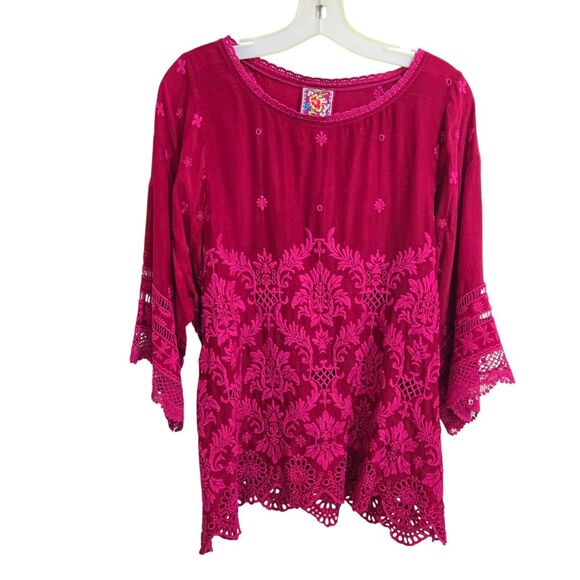 Johnny Was Tasho Georgette Top PM Petite M Dolman Dark Pink/Red Eyelet Lace - Picture 2 of 9
